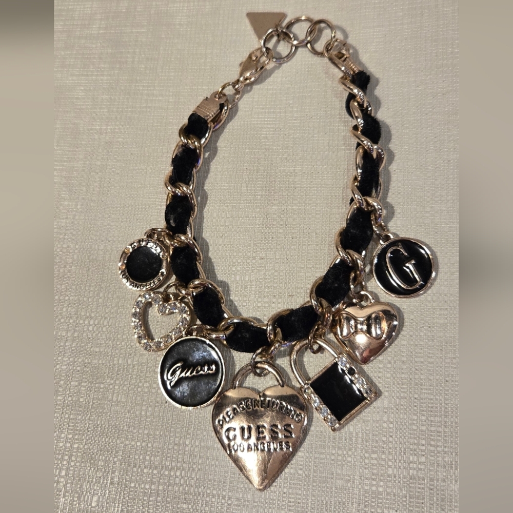 Guess Black Velvet and Gold-Tone Charm Bracelet